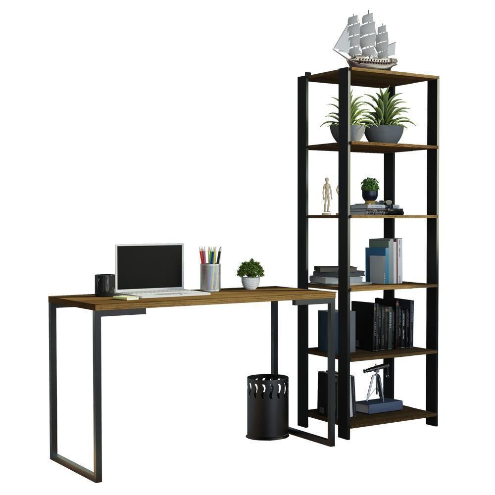 Conjunto Escritório Home Office Com Mesa Industrial + Estante Preto/rustic Madesa Preto/rustic - 1