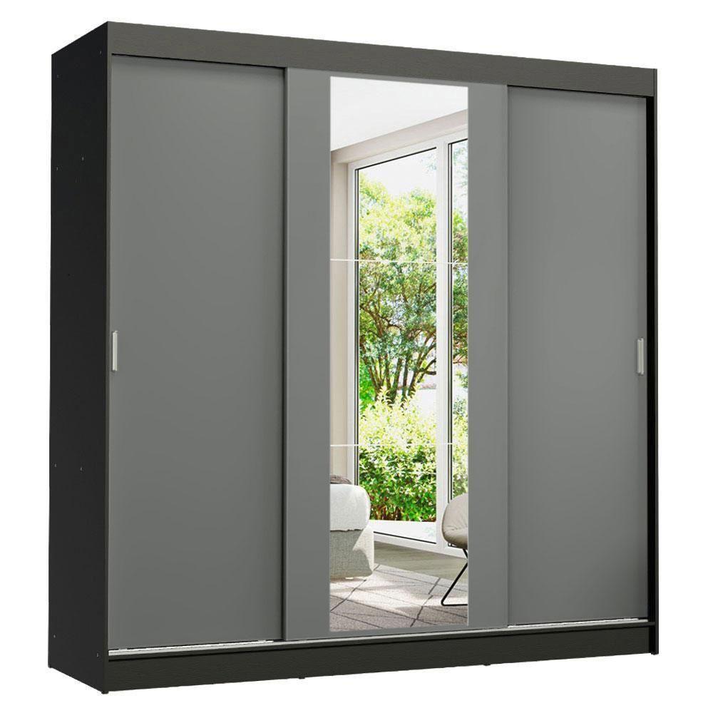 Guarda-roupa Madesa Reno 3 Portas Correr Espelho Preto Cinza - 1