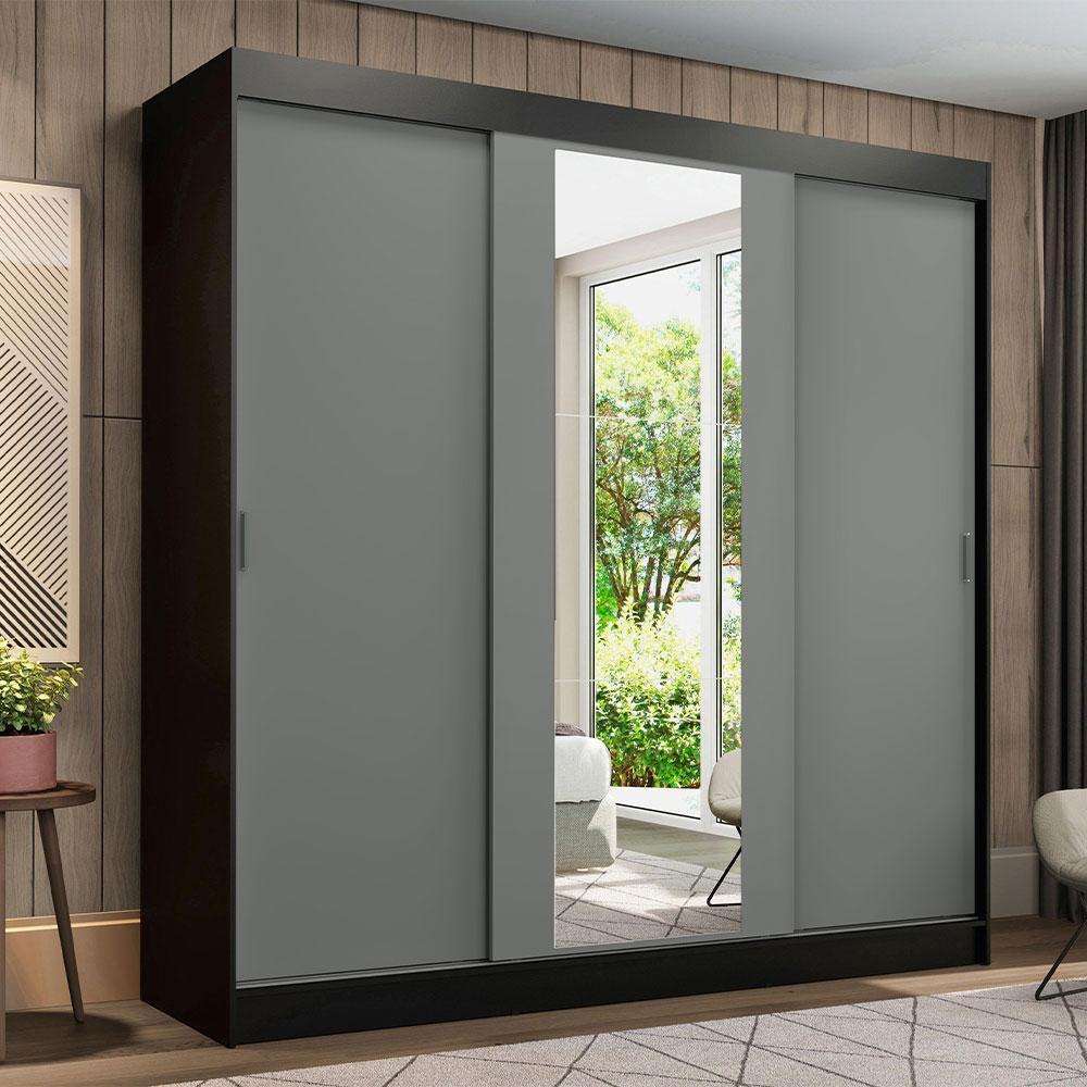Guarda-roupa Madesa Reno 3 Portas Correr Espelho Preto Cinza - 7