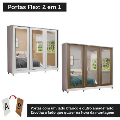 Guarda Roupa Casal Eros 3 Portas de Correr 4 Gavetas Branco-Rustic MDF com Espelho
