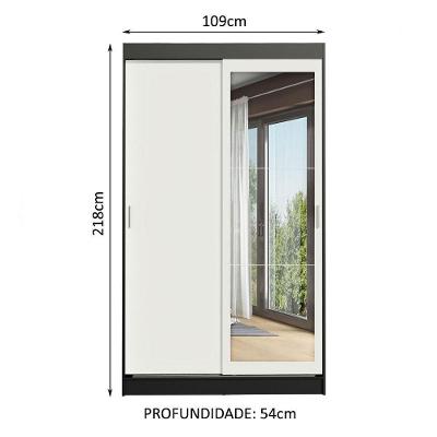 Guarda Roupa Solteiro Tokio 2 Portas de Correr 2 Gavetas Preto-branco com Espelho