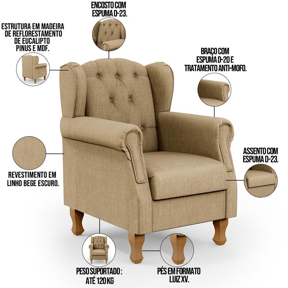 Poltrona Para Sala De Estar Yara P02 Linho Bege Escuro - 7