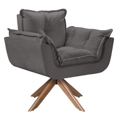 Poltrona Opala Giratória Madeira Suede Cinza