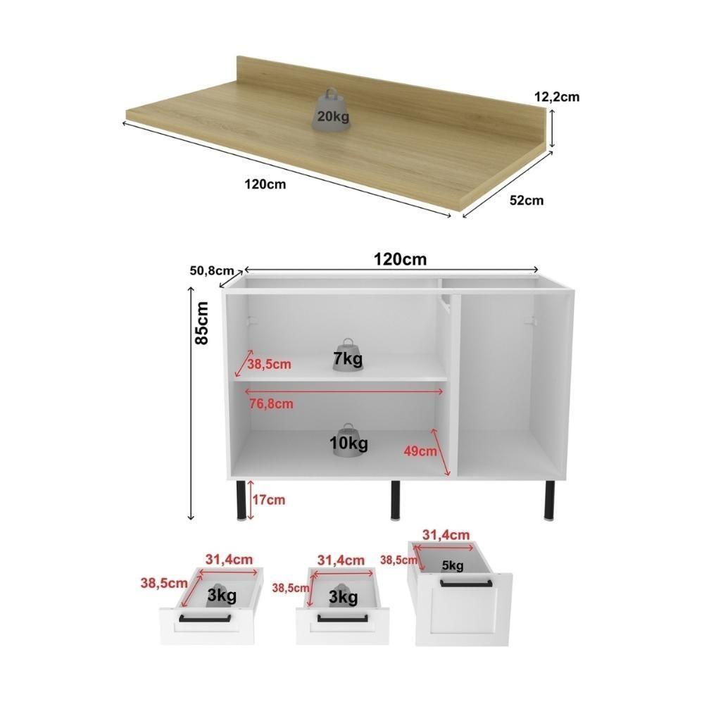 Balcão De Cozinha Em Mdf Com Tampo 2 Portas E 3 Gavetas 120cm Multimóveis Cr20462 Branco/carvalho Tropical - 4
