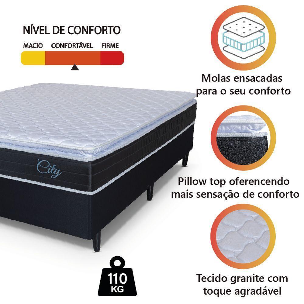 Cama Box Casal Colchão Com Molas Ensacadas City Pillow Top 138x188x61cm Preto/Branco Hellen - 2