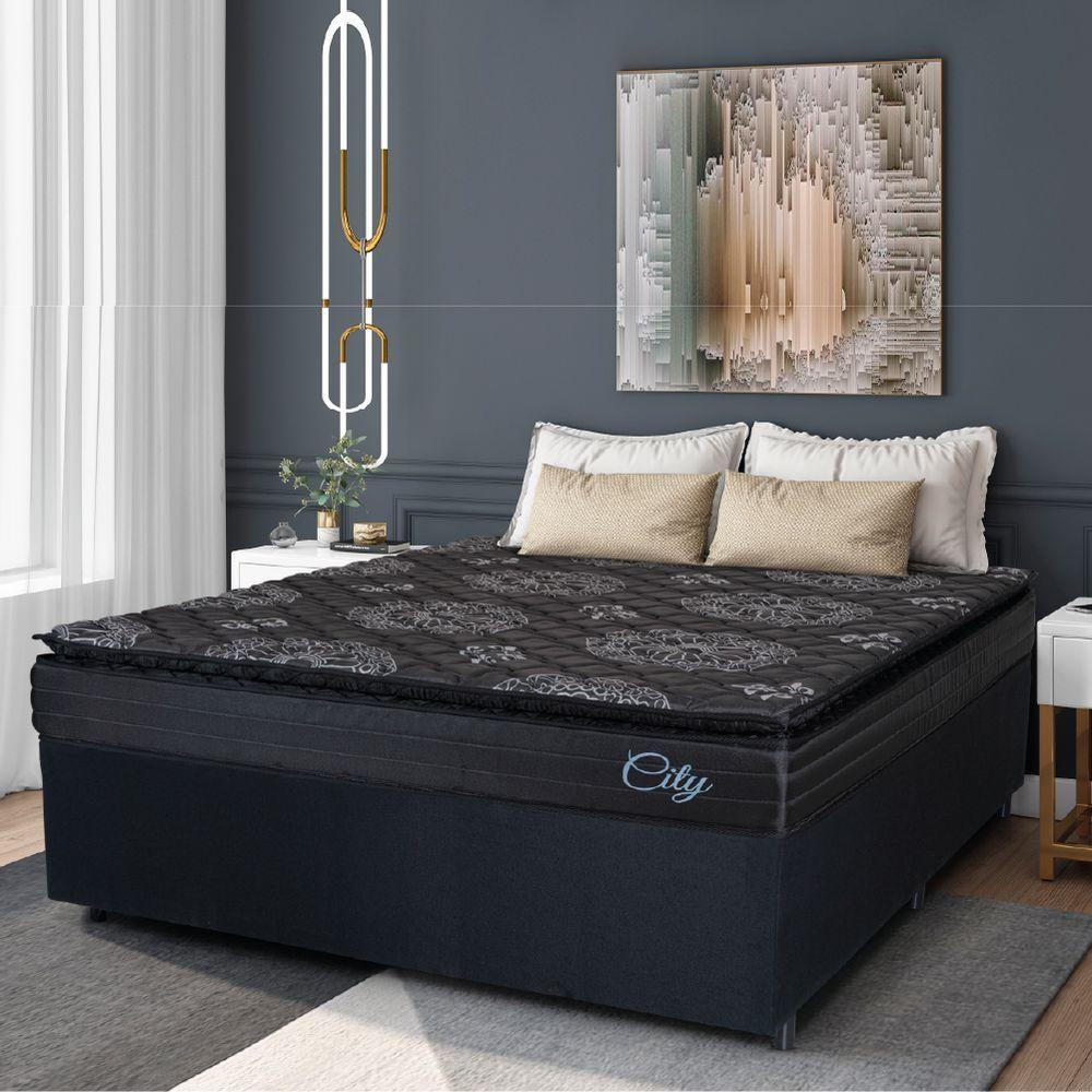 Cama Box Casal King Colchão Com Molas Ensacadas City Pillow Top 193x203x61cm Preto Hellen - 2