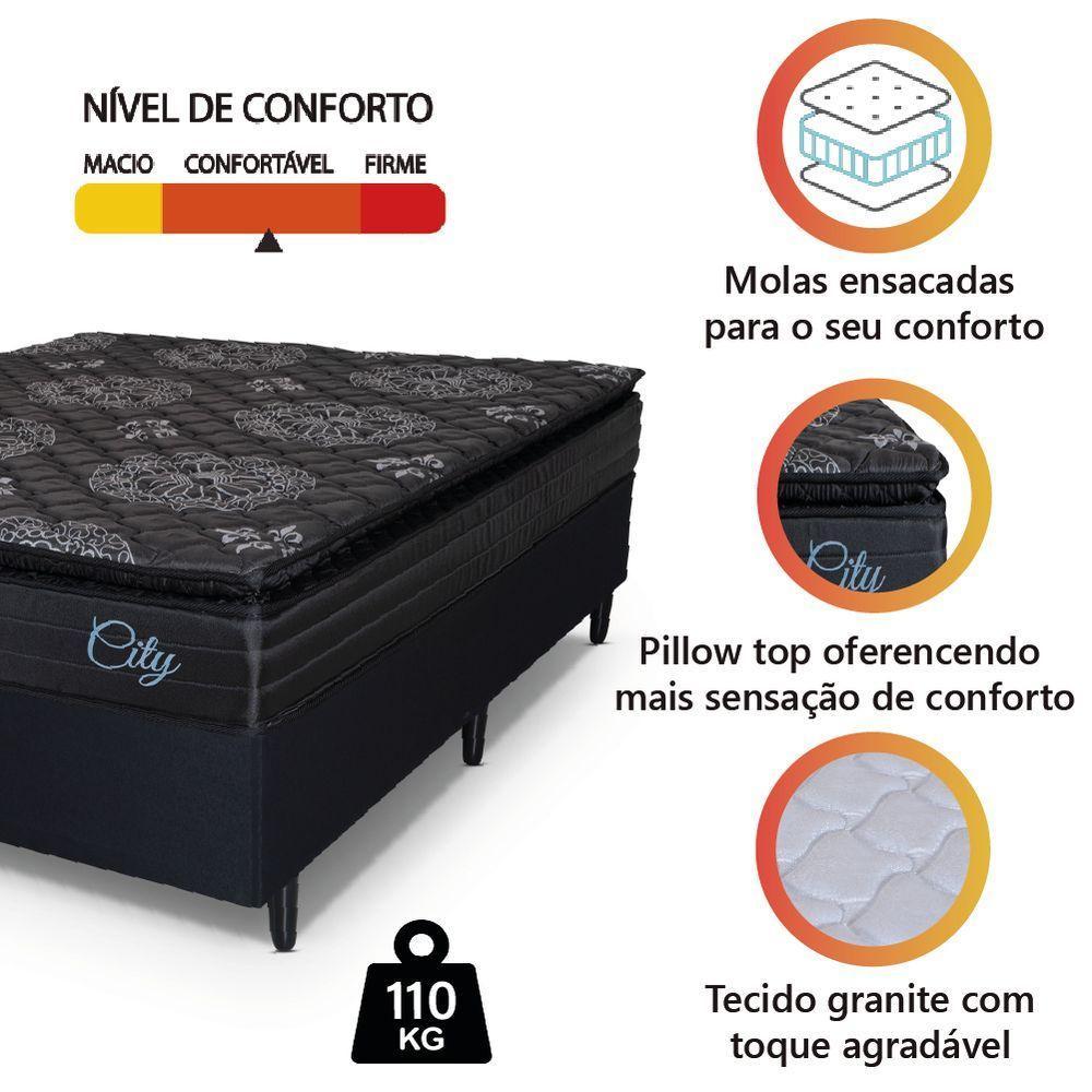 Cama Box Casal King Colchão Com Molas Ensacadas City Pillow Top 193x203x61cm Preto Hellen - 5