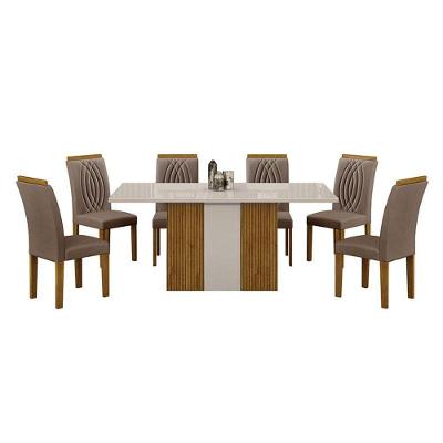 Mesa De Jantar Doha 160x80 Reto Freijó Decor Off White Com 6 Cadeiras Freijó Joli Camurça - Leifer Móveis