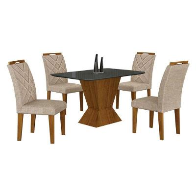 Mesa De Jantar Larissa 120x80 Freijó Chumbo Com 4 Cadeiras Mdf Freijó Linho Palha - Leifer Móveis