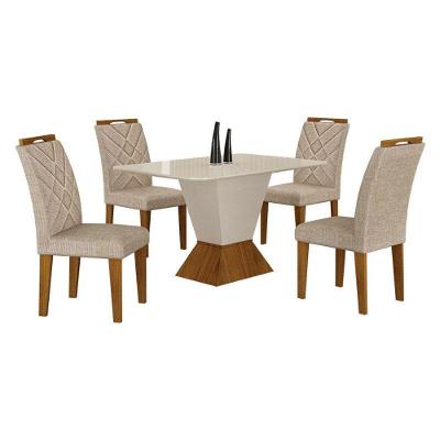Mesa De Jantar Larissa 120x80 Off White Freijó Com 4 Cadeiras Mdf Freijó Linho Palha - Leifer Móveis
