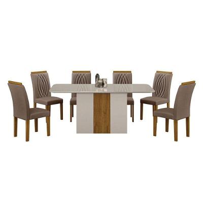 Mesa De Jantar Doha 160x80 Off White Freijó Decor Off Com 6 Cadeiras Freijó Joli Camurça - Leifer Móveis