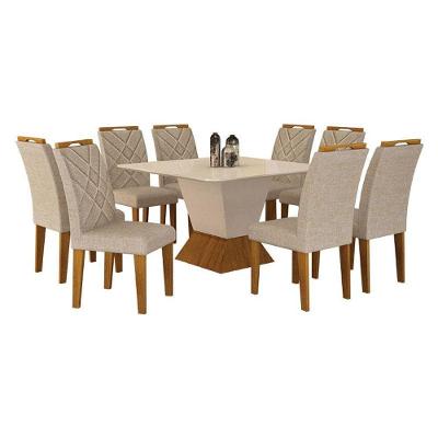 Mesa De Jantar Larissa 135x135 Off White Freijó Com 8 Cadeiras Mdf Freijó Linho Palha - Leifer Móveis