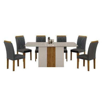 Mesa De Jantar Doha 160x80 Off White Freijó Decor Off Com 6 Cadeiras Freijó Joli Chumbo - Leifer Móveis