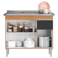 Balcão De Pia Tatiane 100cm E Armário Aéreo Andréia 3 Portas Amêndoa Preto - Ajl