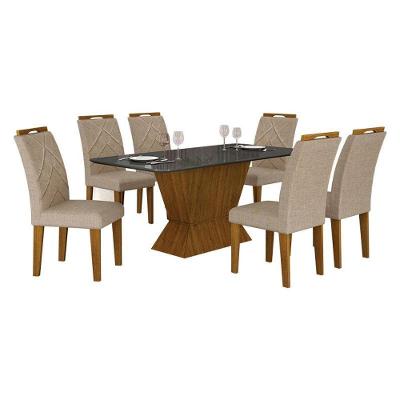 Mesa De Jantar Larissa 180x90 Freijó Chumbo Com 6 Cadeiras Mdf Freijó Linho Palha - Leifer Móveis