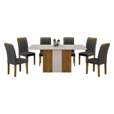 Mesa De Jantar Doha 160x80 Reto Freijó Decor Off White Com 6 Cadeiras Freijó Joli Chumbo - Leifer Móveis
