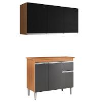 Balcão De Cozinha Tatiane Com Tampo 100cm E Armário Aéreo Andréia 3 Portas Amêndoa Preto - Ajl - 1