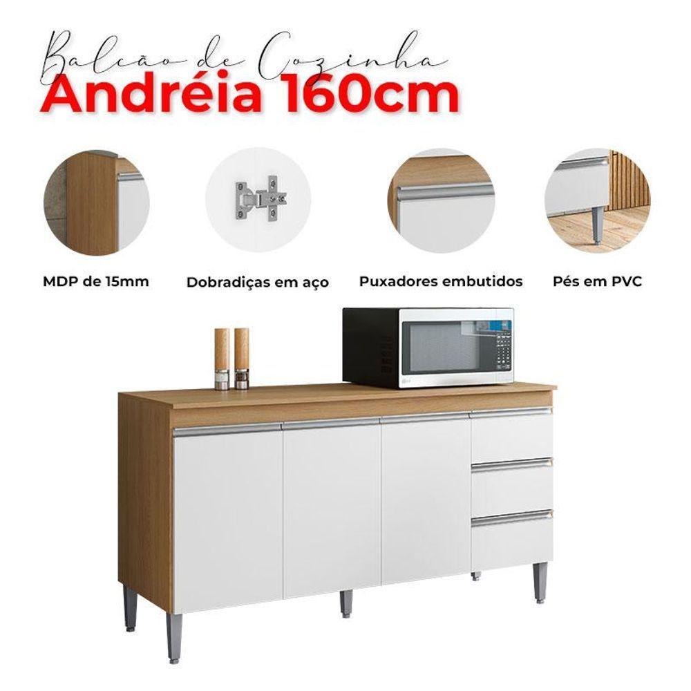 Balcão De Cozinha Com Tampo 160cm E Armário Aéreo Andreia Amêndoa Branco - Ajl - 6