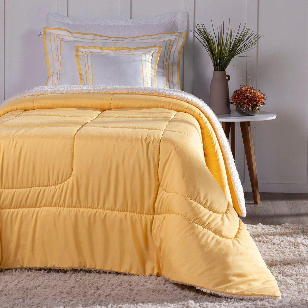 Kit Edredom Solteiro Coberdrom Soft Hipercal/sherpa 3 Peças - Amarelo - 3