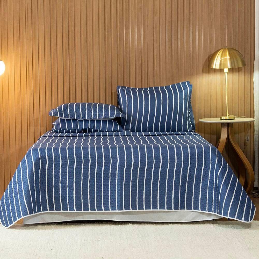 Cobre Leito Queen Bouti Basic Estampado 180 Fios 3 Peças - Listra Azul Marinho - 2