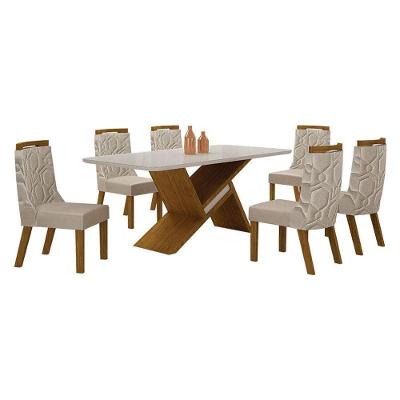 Mesa De Jantar ágata 180x90 Freijó Off White Com 6 Cadeiras Mdf Freijó Joli Palha - Leifer Móveis