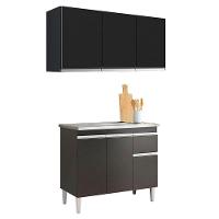 Balcão De Pia Tatiane 100cm E Armário Aéreo Andréia 3 Portas Preto Fosco - Ajl - 1