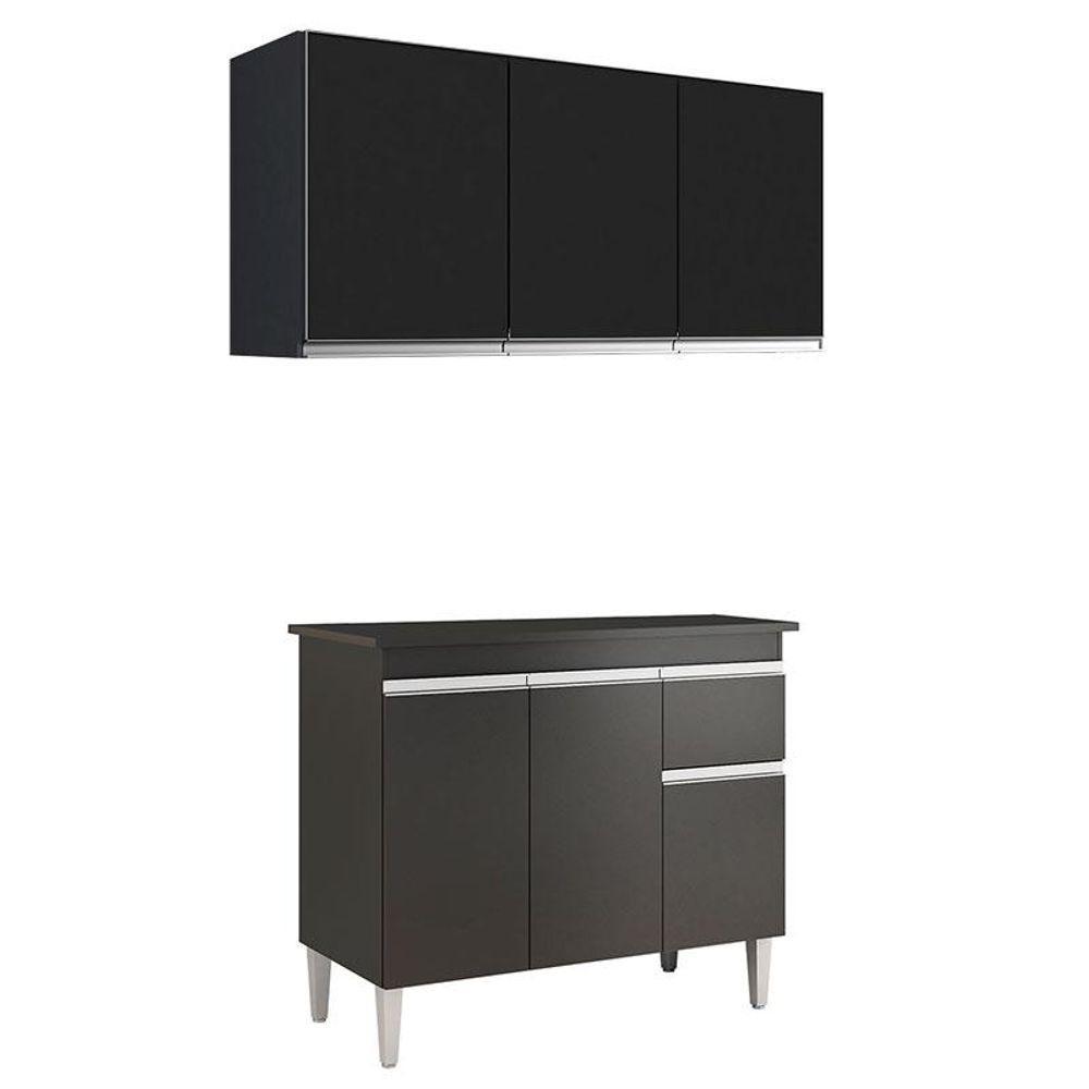 Balcão De Cozinha Tatiane Com Tampo 100cm E Armário Aéreo Andréia 3 Portas Preto Fosco - Ajl - 1