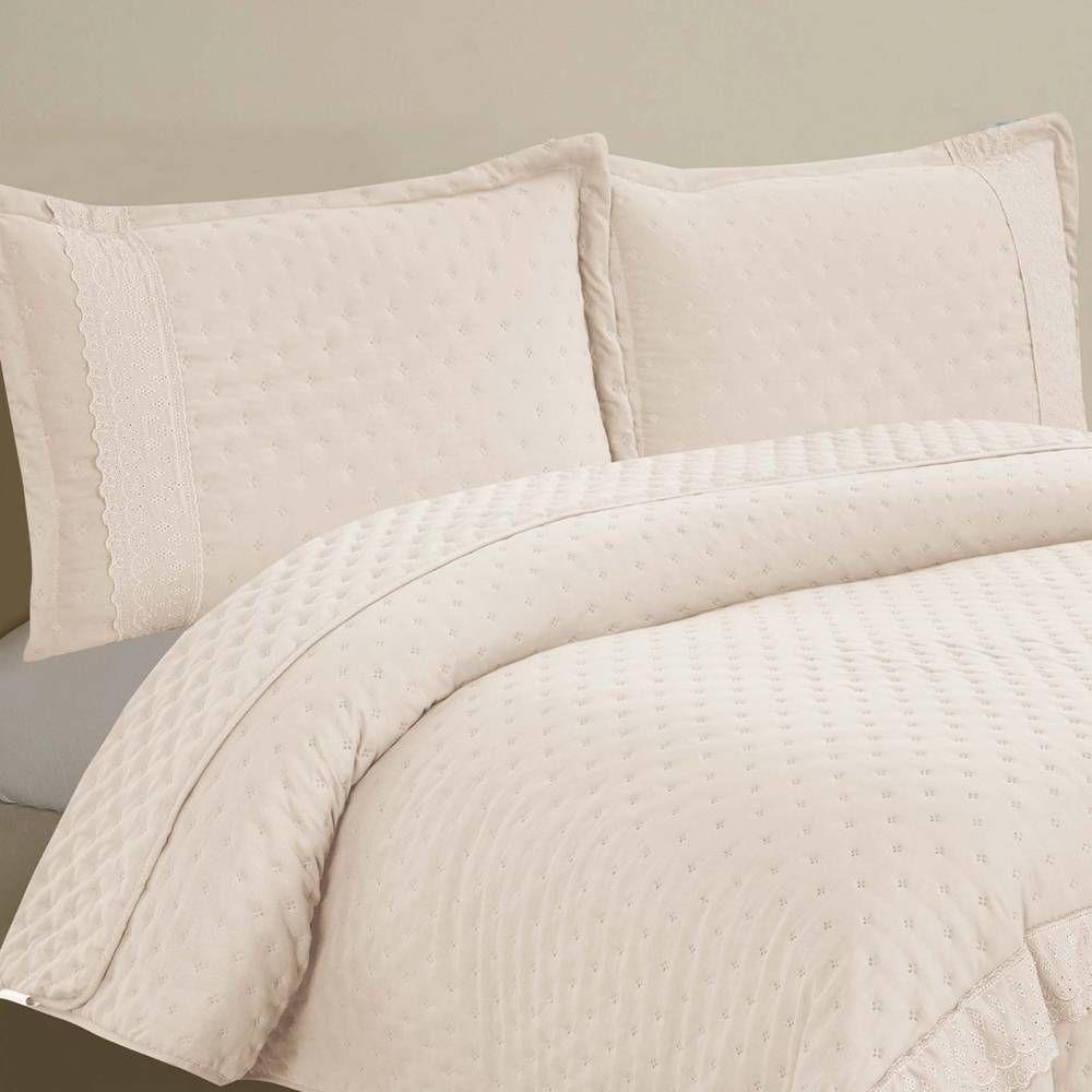 Kit Cobre Leito Queen + Jogo De Lençol Micropercal 300 Fios Com Bordado Inglês Santorini 7 Peças - Bege - 4