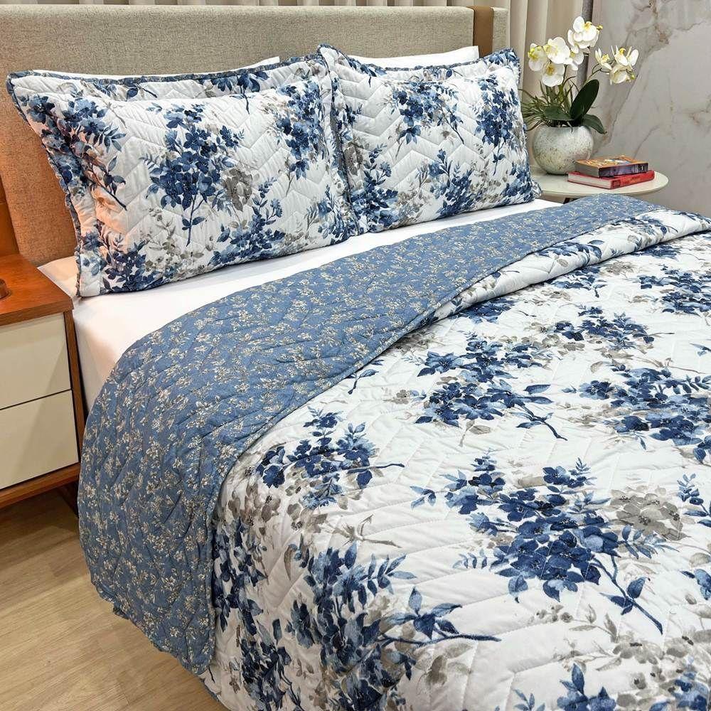 Cobre Leito King Confort Print Micropercal 300 Fios Toque De Algodão 3 Peças - Flores Azuis - 2