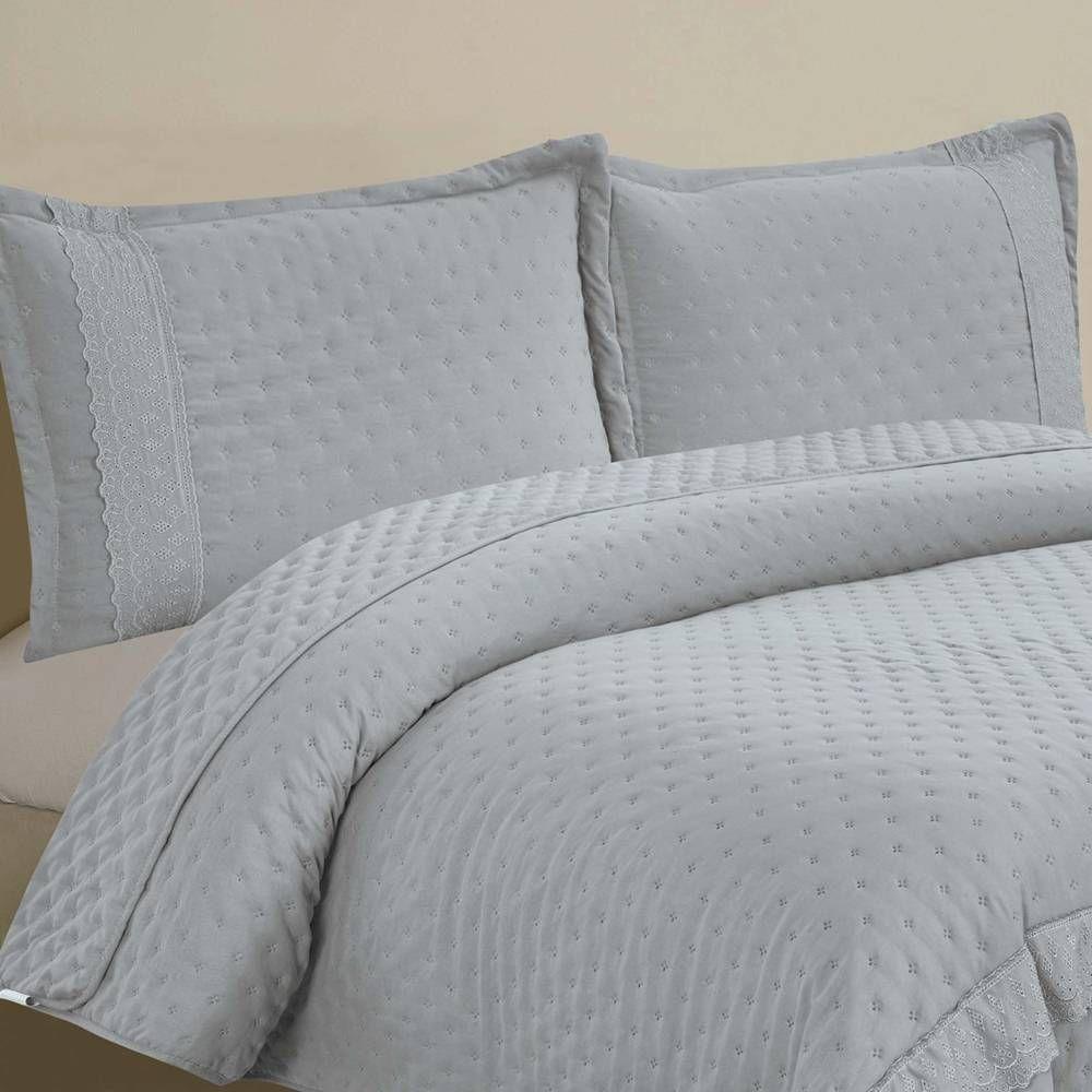 Kit Cobre Leito Queen + Jogo De Lençol Micropercal 300 Fios Com Bordado Inglês Santorini 7 Peças - Cinza - 4