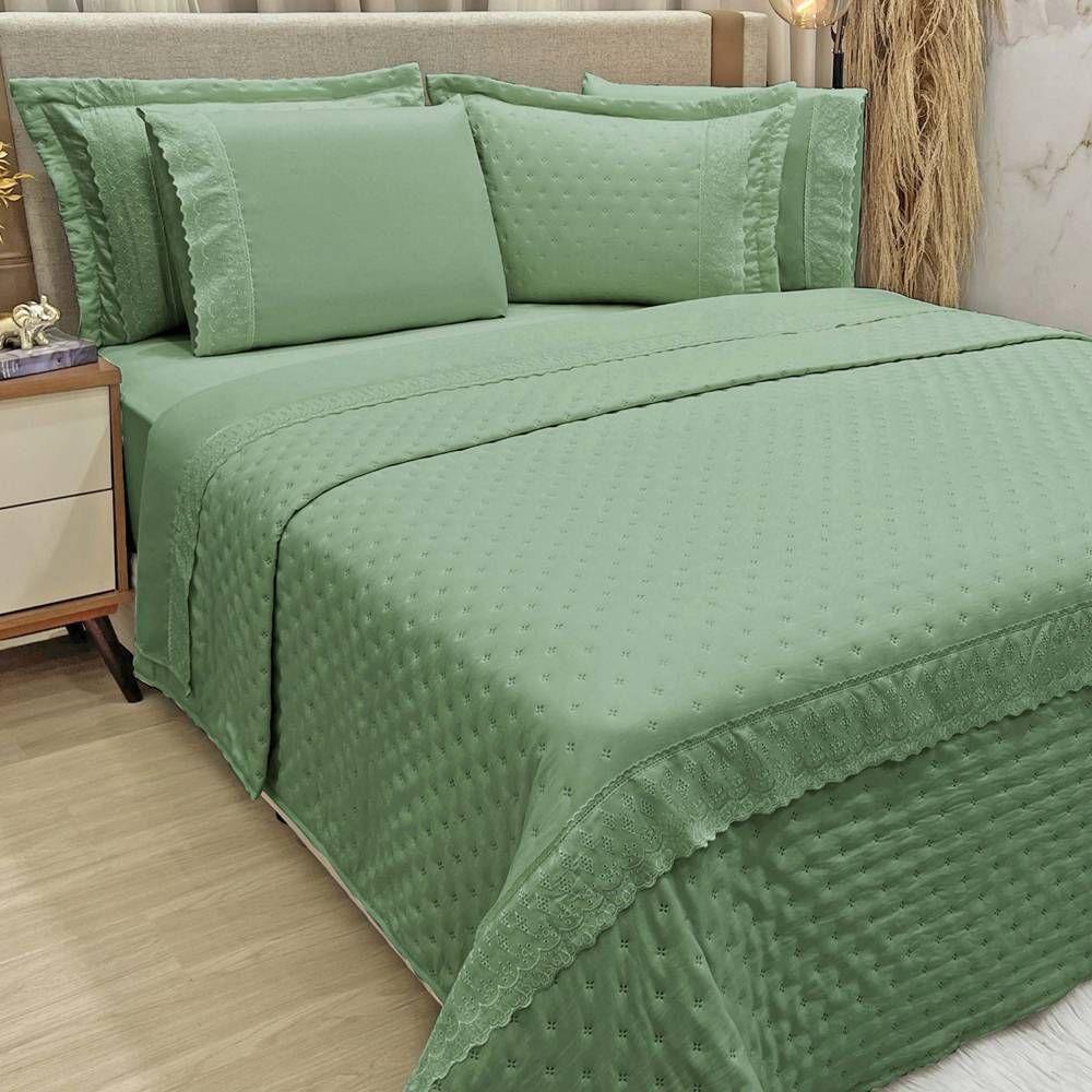 Kit Cobre Leito Casal Padrão + Jogo De Lençol Micropercal 300 Fios Com Bordado Inglês Santorini 7 Peças - Verde Militar - 2