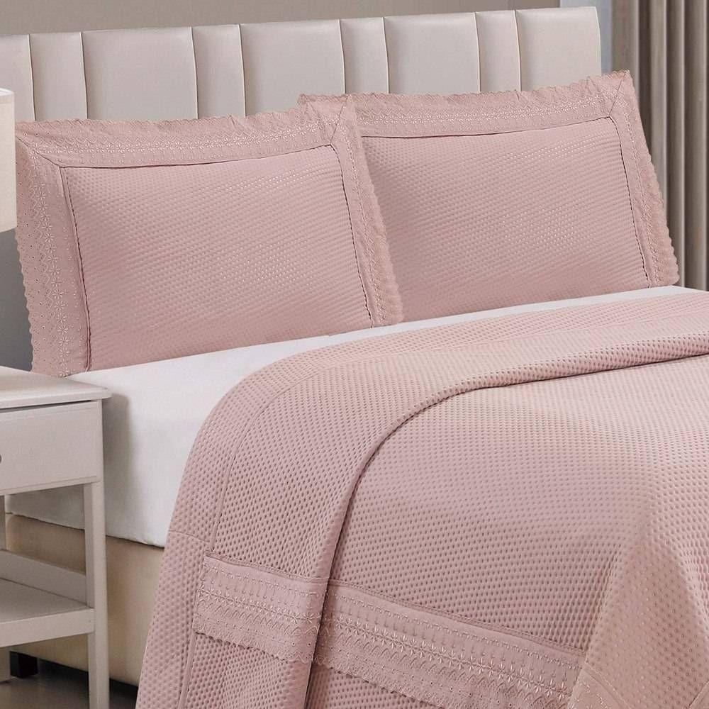 Cobre Leito King Majestic Bordado Inglês Micropercal 300 Fios Toque De Algodão 3 Peças - Malva - 1