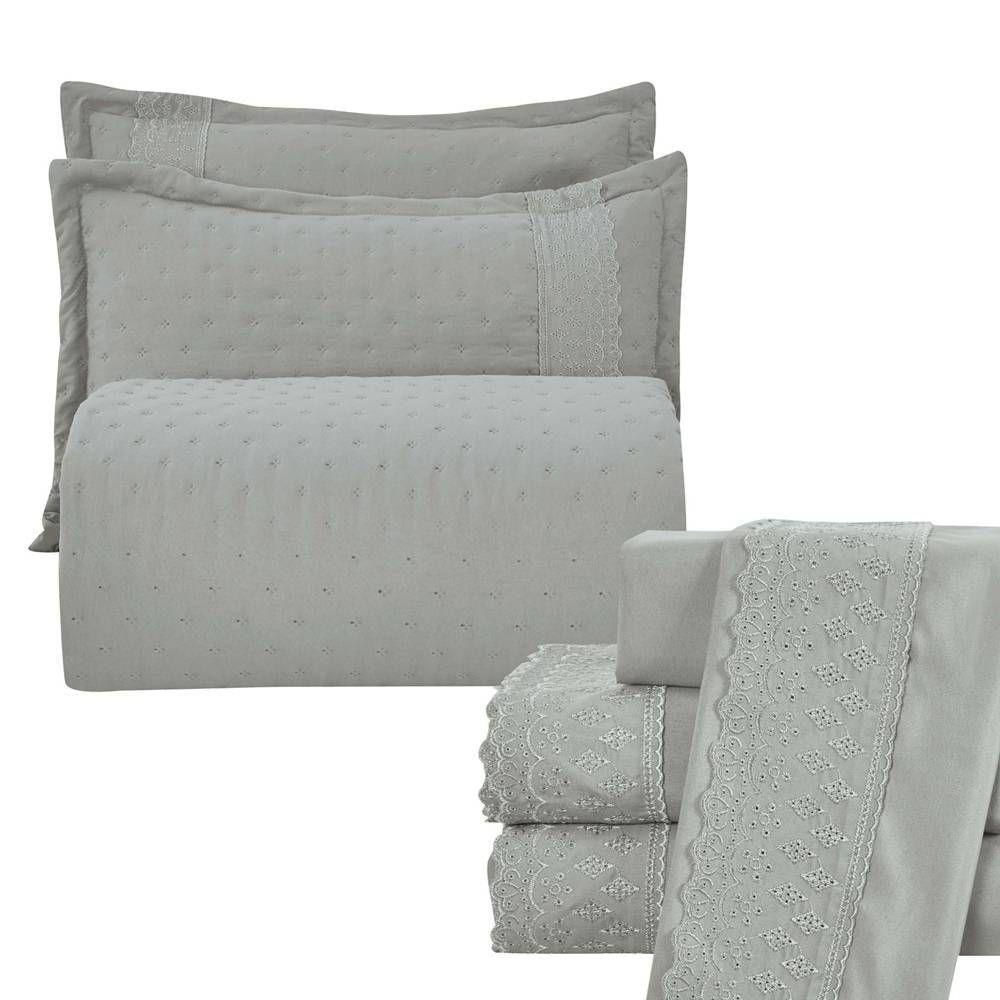 Kit Cobre Leito King + Jogo De Lençol Micropercal 300 Fios Com Bordado Inglês Santorini 7 Peças - Cinza - 1