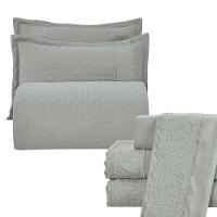 Kit Cobre Leito Casal Padrão + Jogo De Lençol Micropercal 300 Fios Com Bordado Inglês Santorini 7 Peças - Cinza - 1