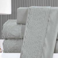 Kit Cobre Leito Casal Padrão + Jogo De Lençol Micropercal 300 Fios Com Bordado Inglês Santorini 7 Peças - Cinza - 3
