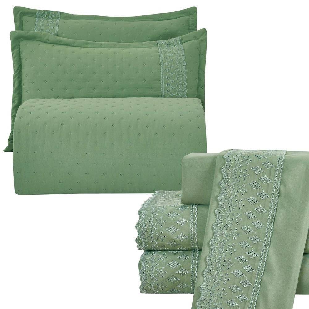 Kit Cobre Leito King + Jogo De Lençol Micropercal 300 Fios Com Bordado Inglês Santorini 7 Peças - Verde Militar - 1