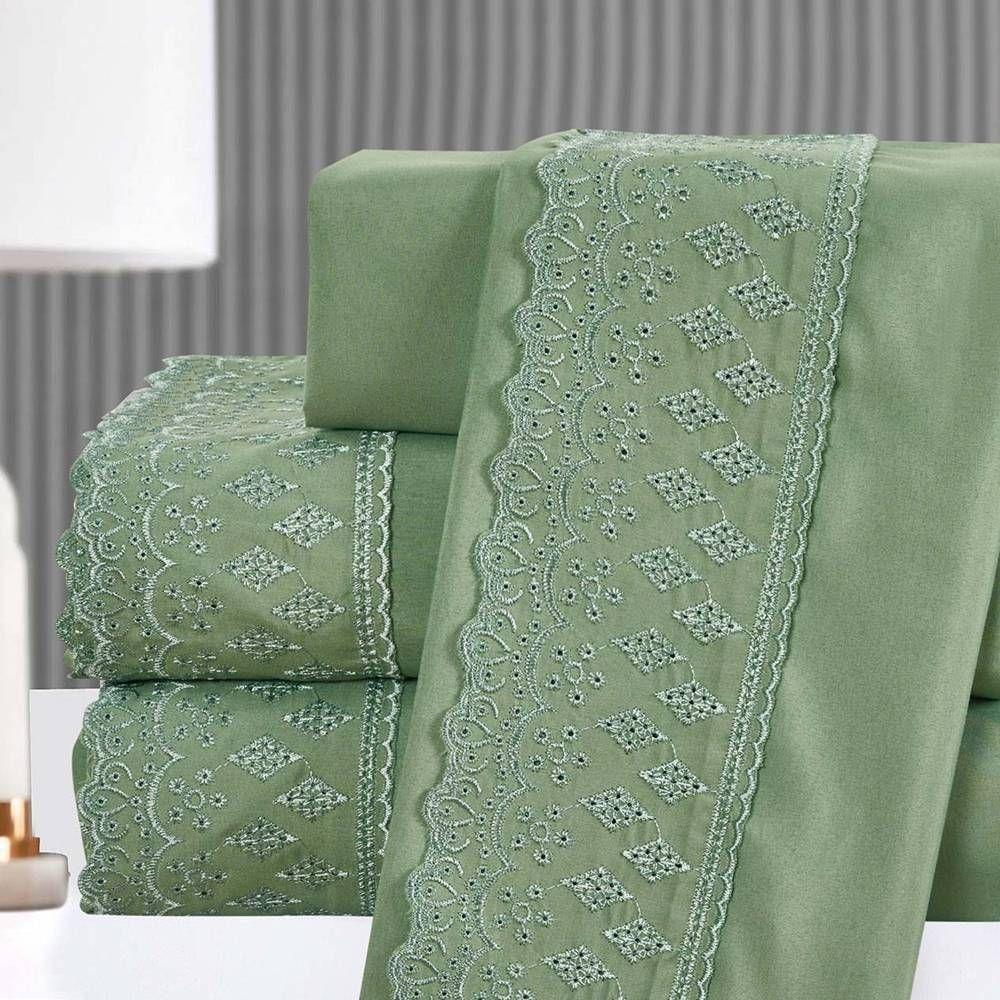 Kit Cobre Leito Queen + Jogo De Lençol Micropercal 300 Fios Com Bordado Inglês Santorini 7 Peças - Verde Militar - 3
