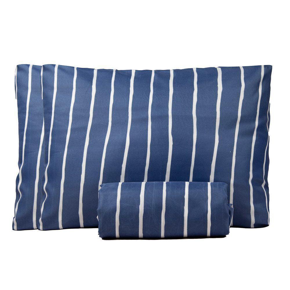 Jogo De Lençol Queen Bouti Basic Estampado 180 Fios 3 Peças - Listra Azul Marinho - 1