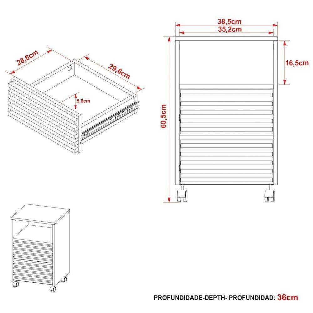 Gaveteiro Para Escritório 2 Gavetas Com Rodízios Branco - 6