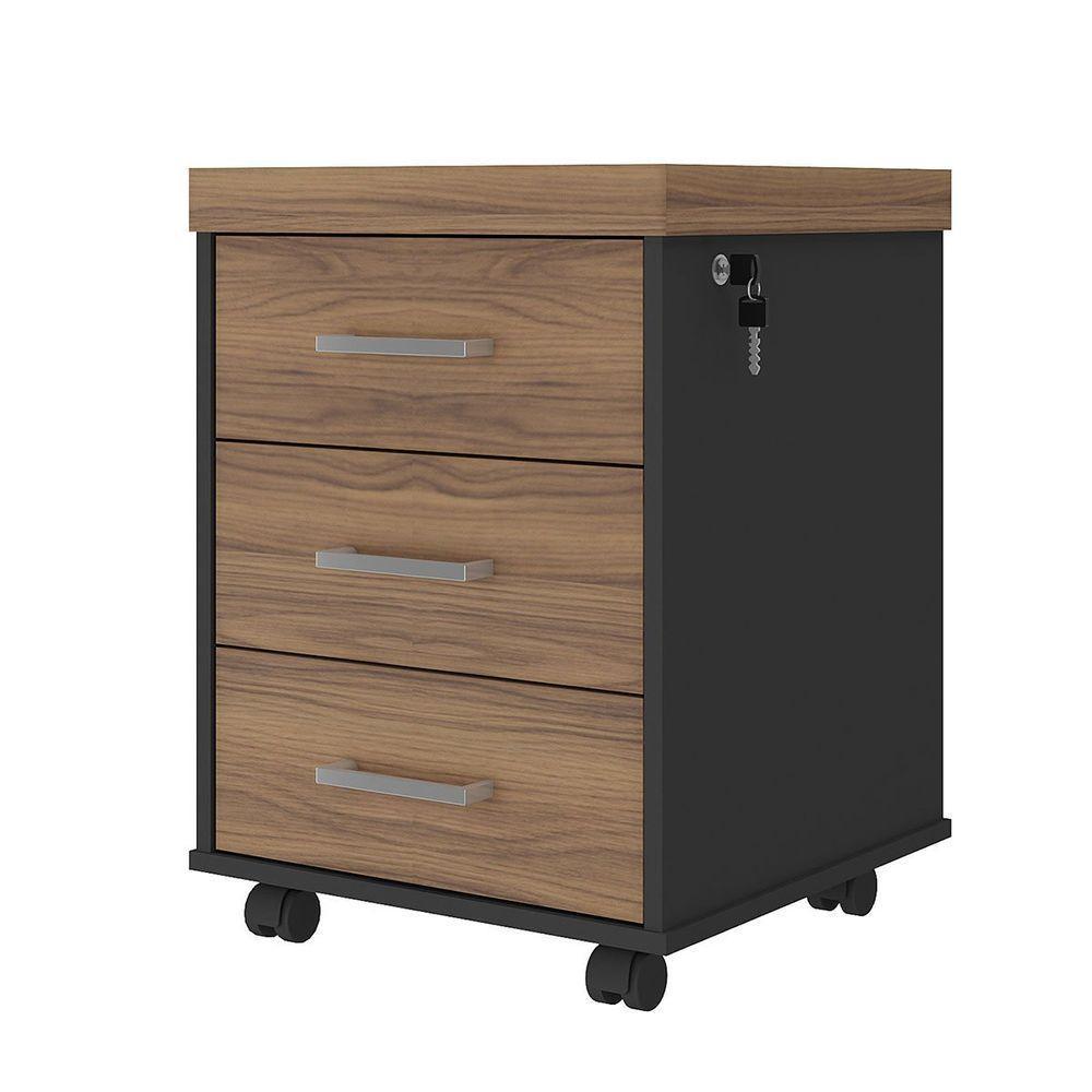 Gaveteiro Para Escritório 3 Gavetas Com Chave E Rodízios Nogal/preto - 1