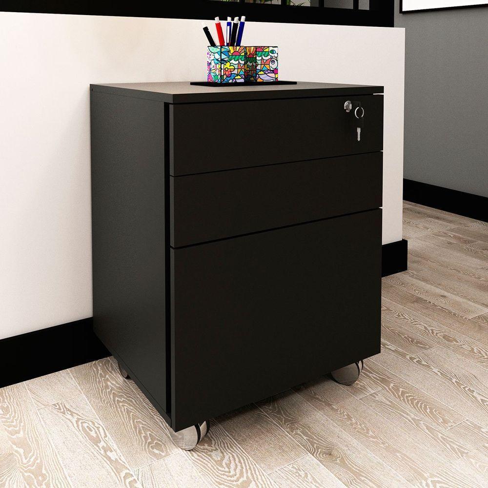 Gaveteiro Para Escritório 3 Gavetas Com Chave E Rodízios Preto - 2
