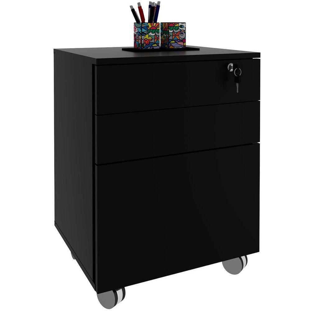 Gaveteiro Para Escritório 3 Gavetas Com Chave E Rodízios Preto - 3
