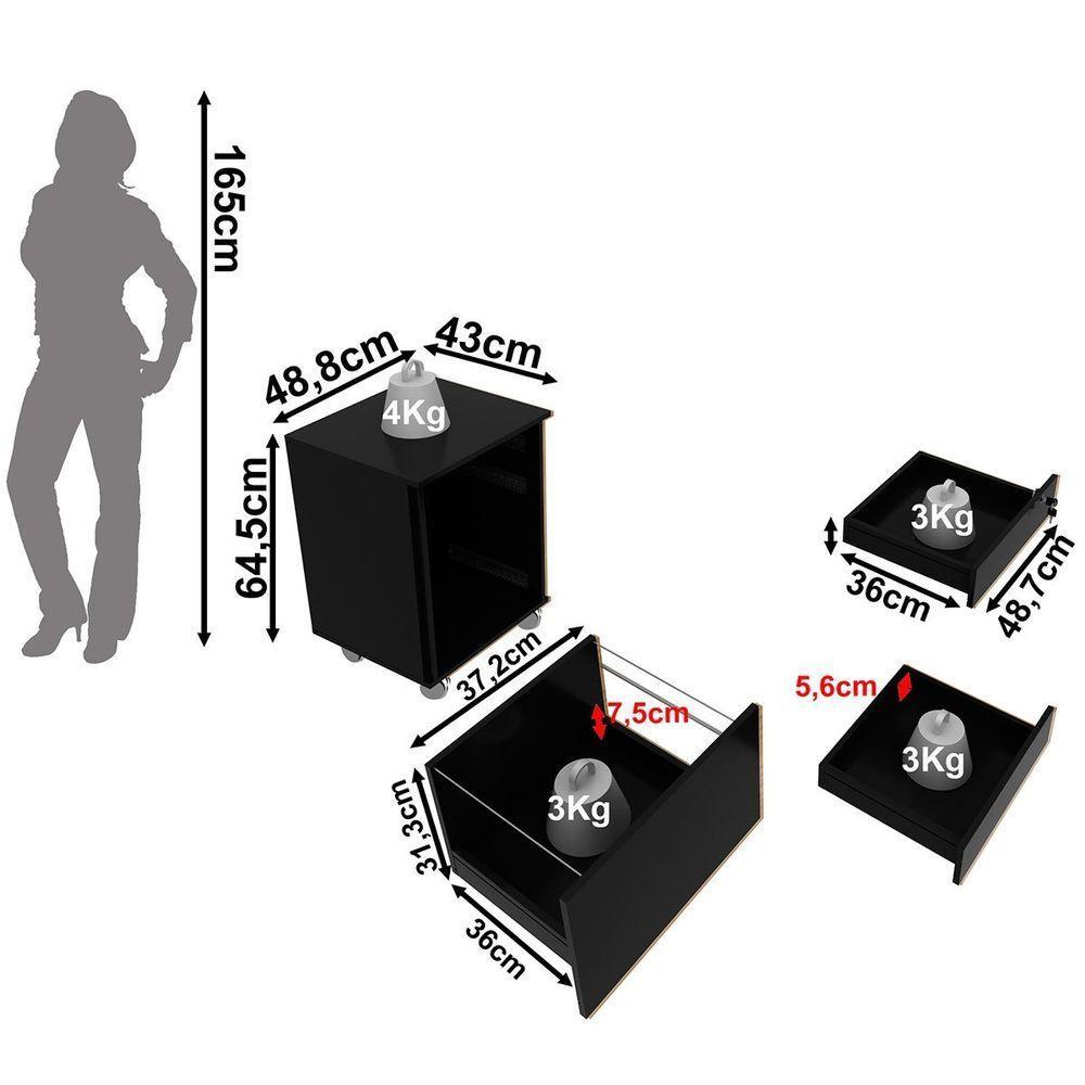 Gaveteiro Para Escritório 3 Gavetas Com Chave E Rodízios Preto - 6