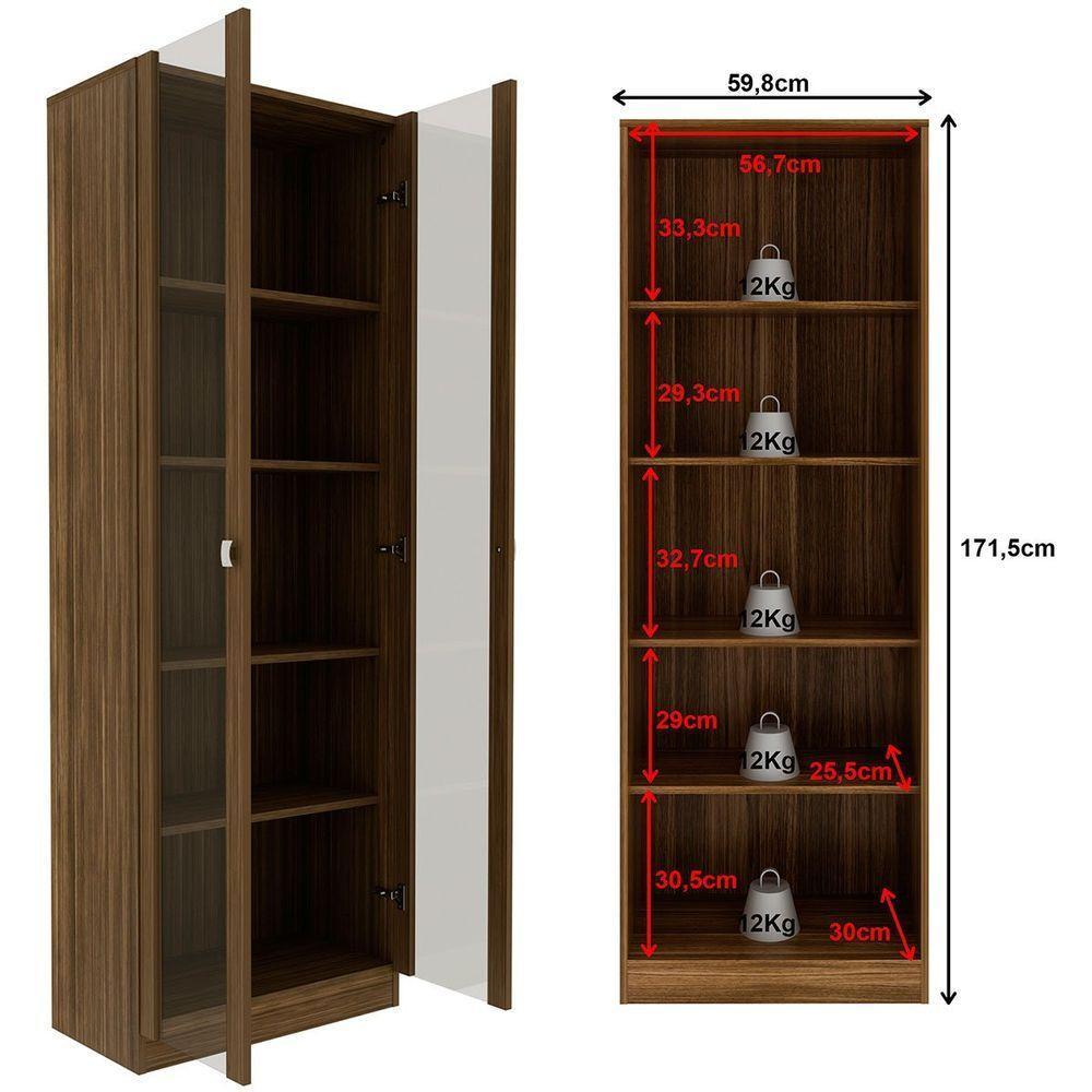 Estante Armário Alta Livreiro Multiuso Office 2 Portas Vidro Nogal - 5