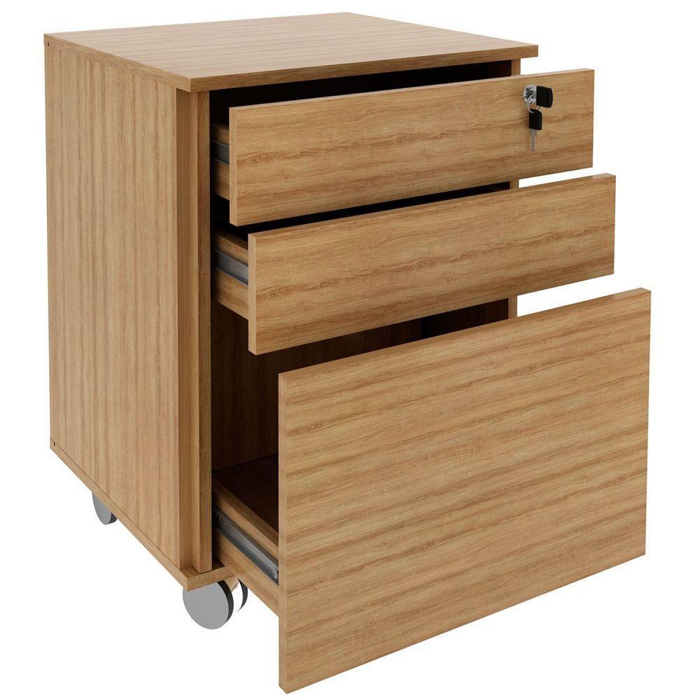 Gaveteiro Para Escritório 3 Gavetas Com Chave E Rodízios Amêndoa - 2