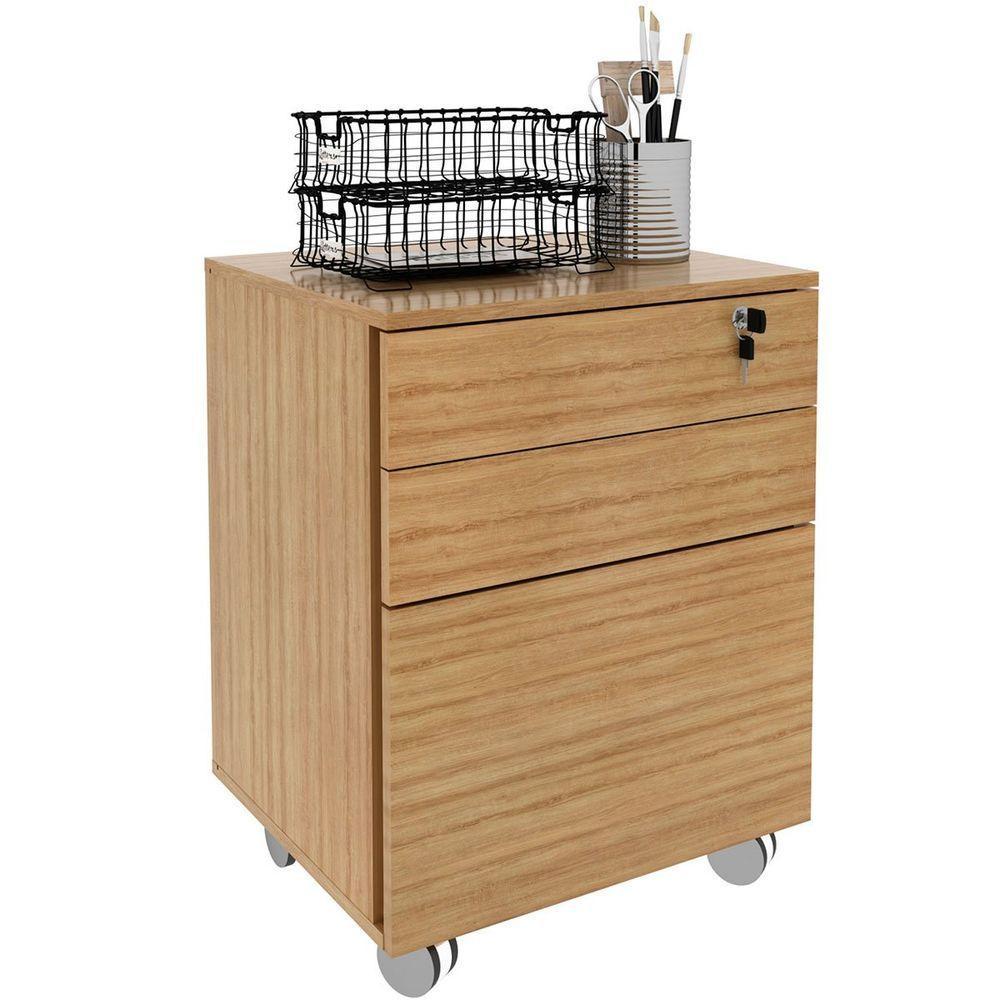 Gaveteiro Para Escritório 3 Gavetas Com Chave E Rodízios Amêndoa - 6