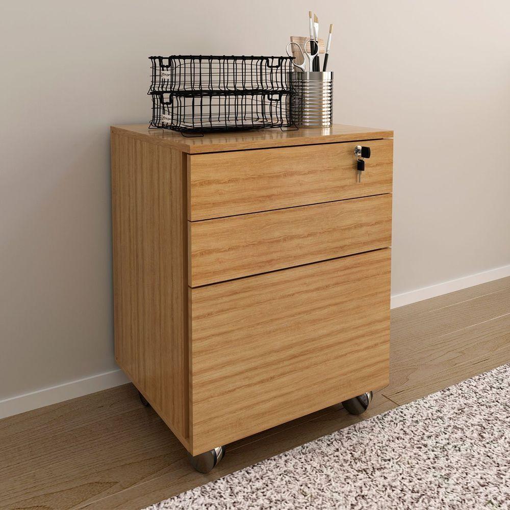 Gaveteiro Para Escritório 3 Gavetas Com Chave E Rodízios Amêndoa - 9