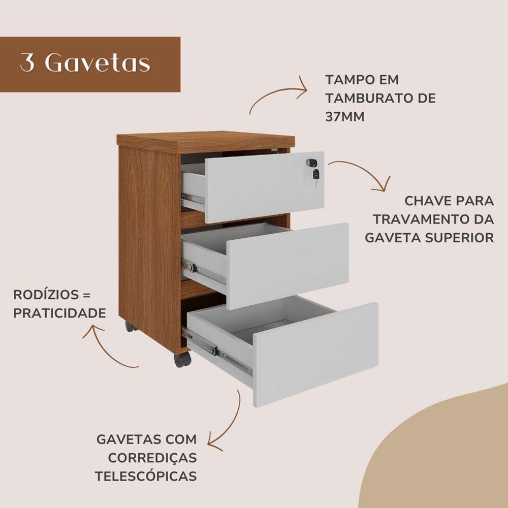 Gaveteiro Para Escritório 3 Gavetas Com Chave E Rodízios Freijó/branco - 3
