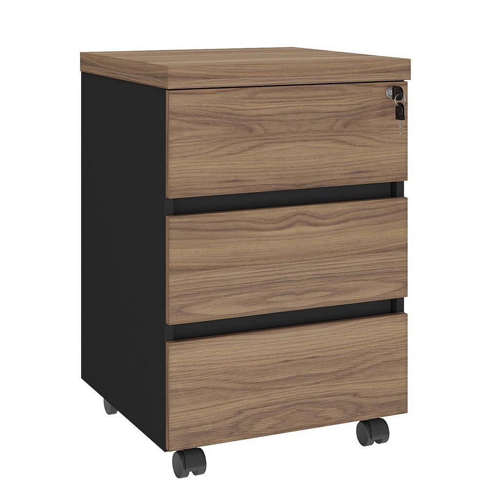 Gaveteiro Para Escritório 3 Gavetas Com Chave E Rodízios Nogal/preto - 1