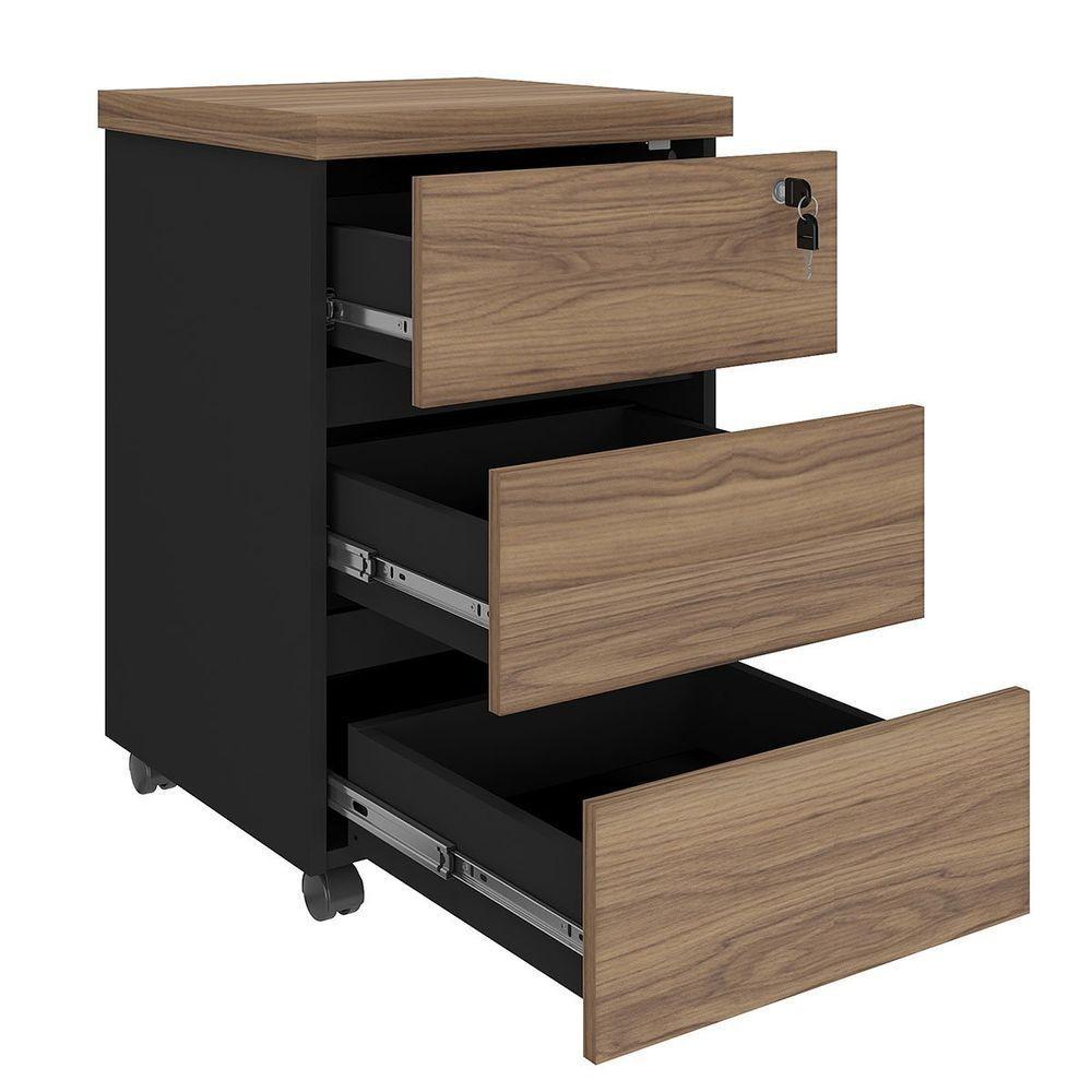 Gaveteiro Para Escritório 3 Gavetas Com Chave E Rodízios Nogal/preto - 2